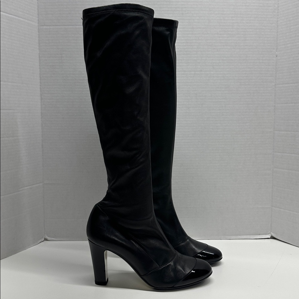 Chanel Heeled Boots Lambskin Tall Boots Cap Round Toe Patent Leather Black EU 38 - Picture 5 of 14